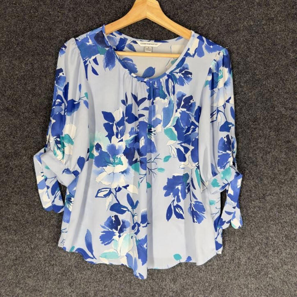 Counterparts Blouse Women S Small Blue Floral 3/4 Sleeve Round Neck Casual